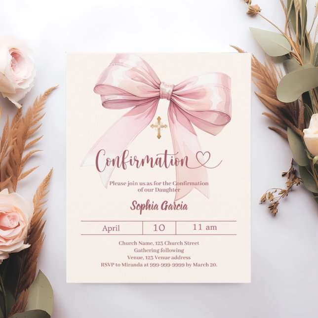 Bow pink girl cream Confirmation invitation (Von Creator hochgeladen)