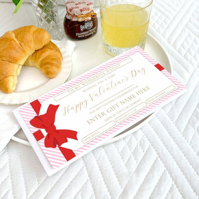 Bow Pink Stripe Valentine's Day Geschenkgutschein  Einladung (Von Creator hochgeladen)