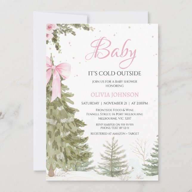 Bow Pink Tree Baby Es ist kalte Baby Dusche Einladung (Vorderseite)