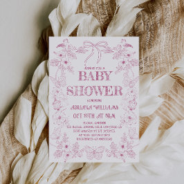 Bow Pink White Toile Blume Girl Baby Dusche Einladung