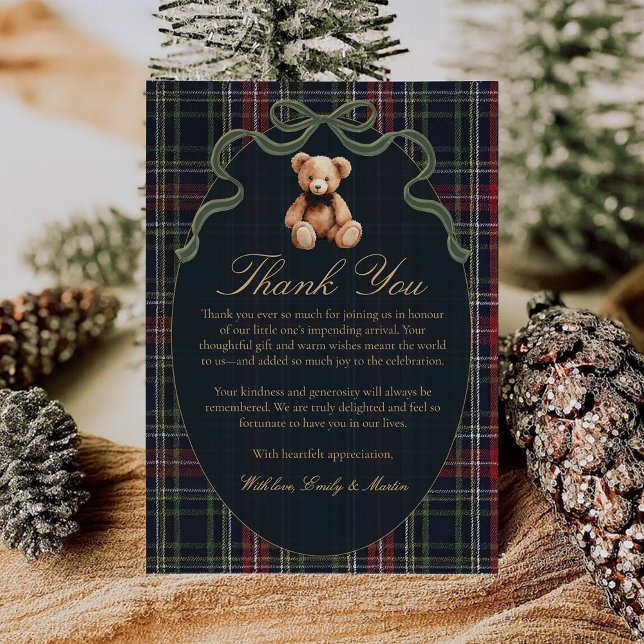Bow Plaid Teddy Bear Baby Shower Thank You Card Dankeskarte (Von Creator hochgeladen)