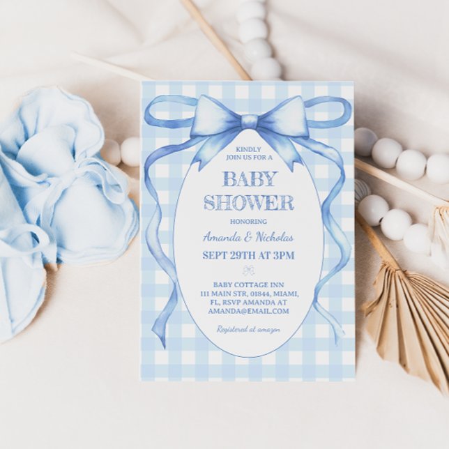 Bow Ribbon Blue Gingham Baby Boy Dusche Einladung (Von Creator hochgeladen)