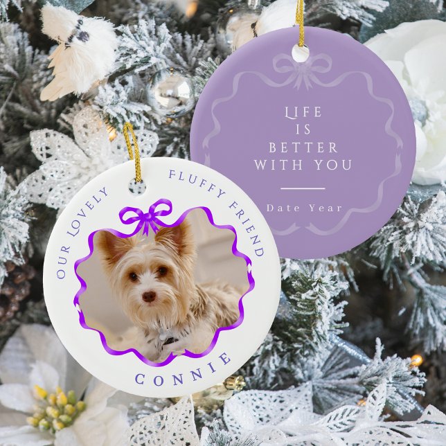 Bow Ribbon Pet Memory Foto Lila Keramik Ornament (Bow Ribbon Pet Memory Photo Purple Ceramic Ornament)