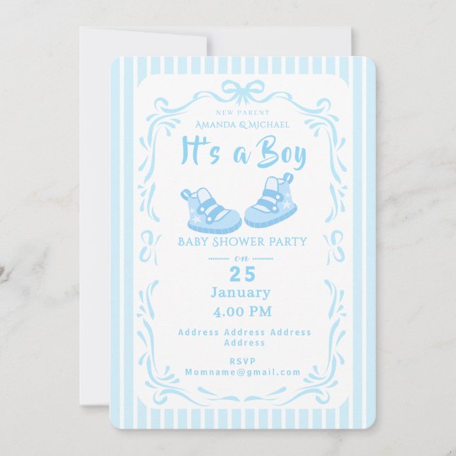 Bow Ribbon seine Kinderschuhe Einladung (Vorderseite)