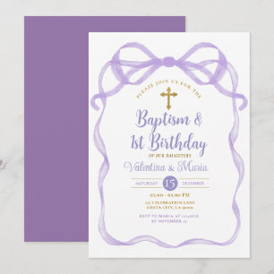 Bow Ribbon-Taufe & 1. Geburtstag Lila Einladung
