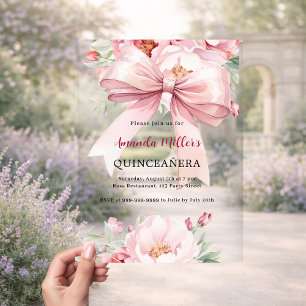 Bow rosa Blüten klar Quinceanera Acryleinladungen