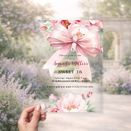 Bow rosa Blüten klar Sweet 16 Acryleinladungen