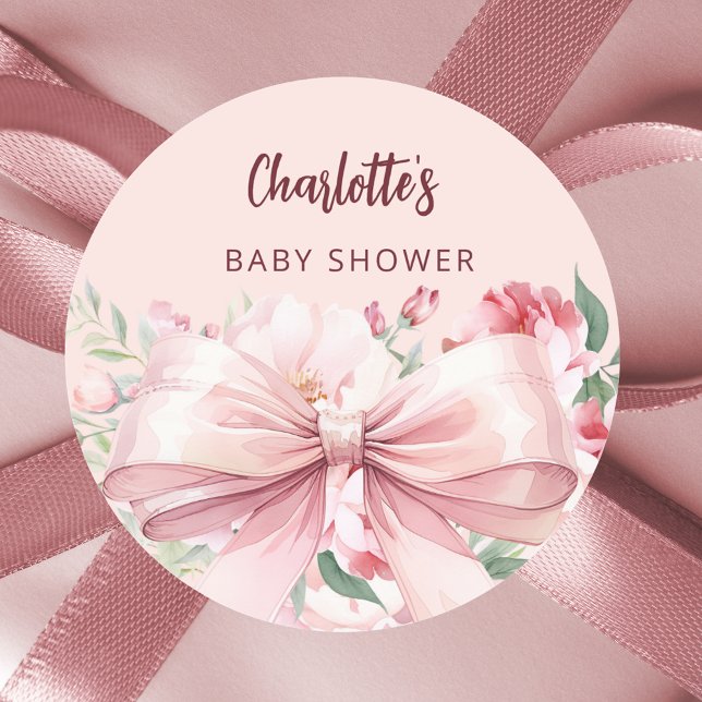 Bow rosa Florals Rose Babydusche Runder Aufkleber (Von Creator hochgeladen)