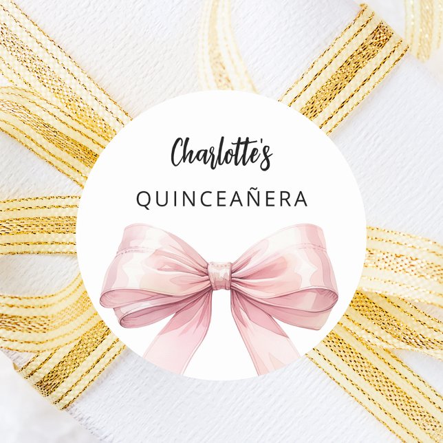 Bow rosa weiß elegante Quinceanera Runder Aufkleber (Von Creator hochgeladen)