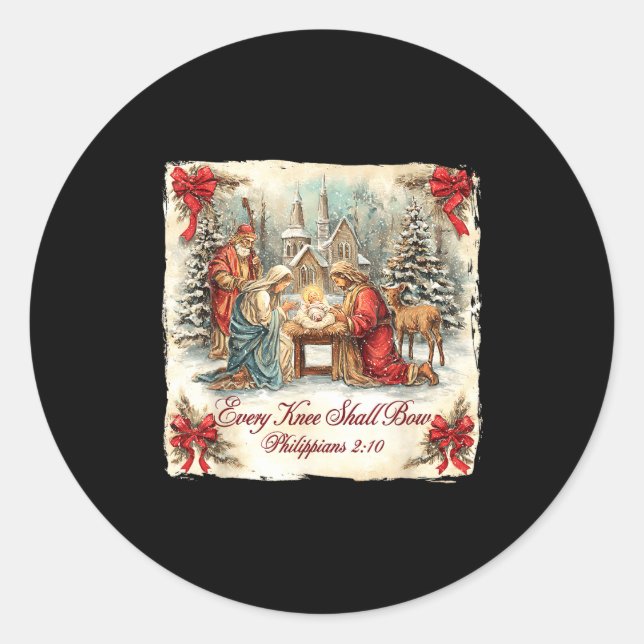 Bow Santa Christmas Nativity Scene Every Knee Shal Runder Aufkleber (Vorderseite)
