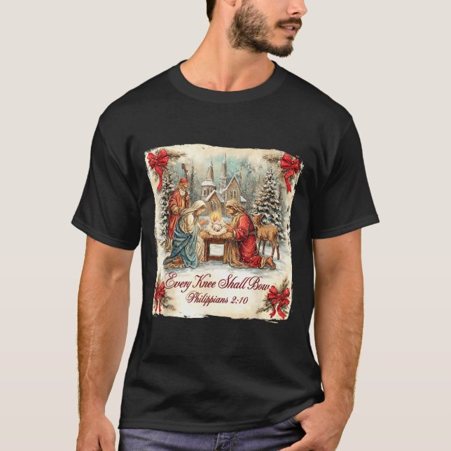 Bow Santa Christmas Nativity Scene Every Knee Shal T-Shirt (Vorderseite)