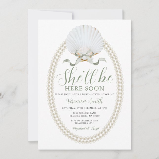 Bow She'll Be Here Soon Sea Shell Cute Baby Shower Einladung (Vorderseite)
