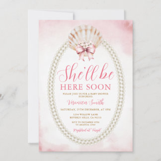 Bow She'll Be Here Soon Sea Shell Cute Baby Shower Einladung