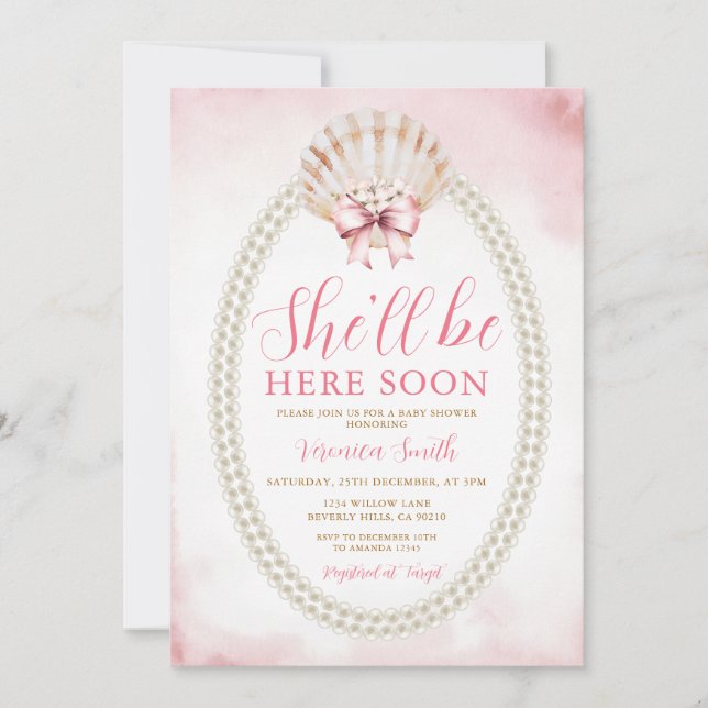 Bow She'll Be Here Soon Sea Shell Cute Baby Shower Einladung (Vorderseite)