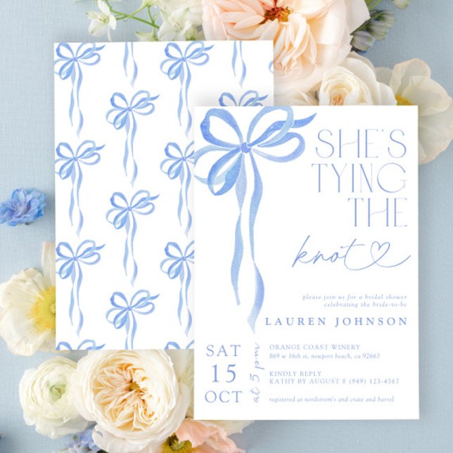 Bow She's The Knot Blue Bridal Shower Einladung (Easily personlize this sweet bridal shower invite for the perfect celebration of the bride-to-be!)