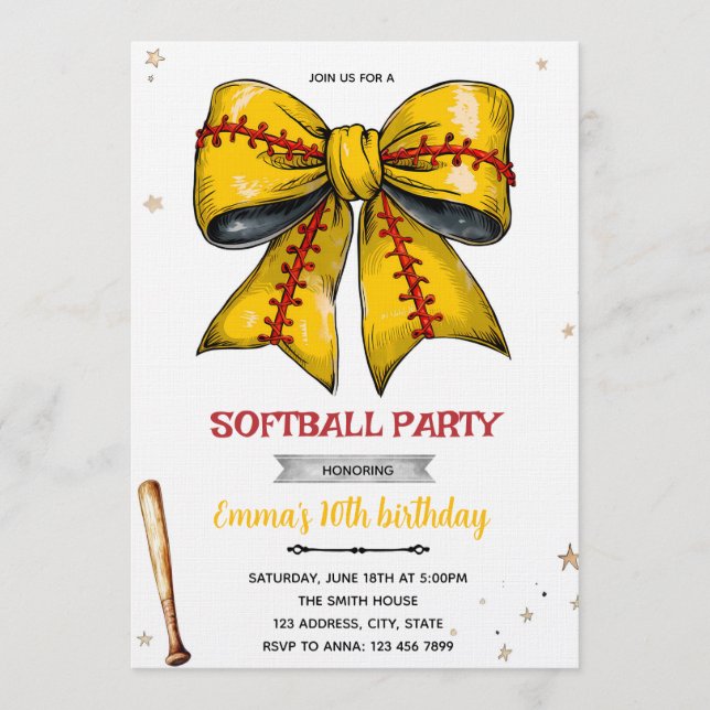 Bow softball party invitation einladung (Vorderseite)