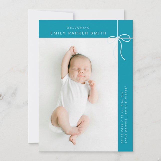 Bow und Linien niedliche Portrait Single Fotokarte Ankündigung (Vorderseite)