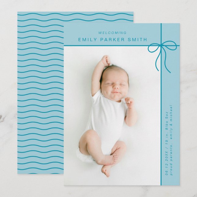 Bow und Linien niedliche Portrait Single Fotokarte Ankündigung (Vorne/Hinten)