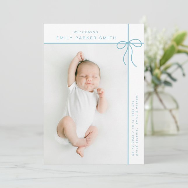 Bow und Linien niedliche Portrait Single Fotokarte Ankündigung (Stehend Vorderseite)