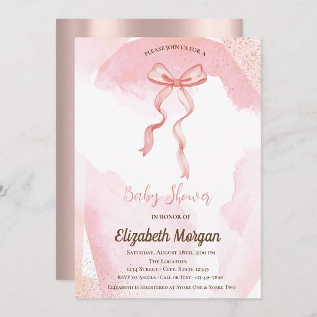 Bow Watercolor Paint Splash Rose Gold Baby Dusche Einladung (Vorne/Hinten)