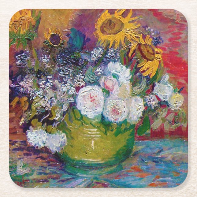 Bowl mit Blume, Van Gogh Rechteckiger Pappuntersetzer (Vorderseite)
