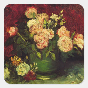 Bowl mit Peongs und Rose von Vincent van Gogh Quadratischer Aufkleber
