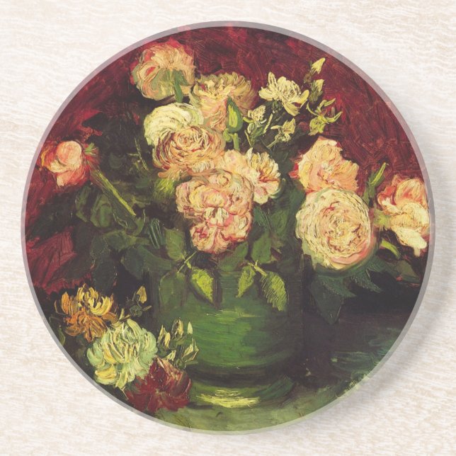 Bowl mit Peongs und Rose von Vincent van Gogh Sandstein Untersetzer (Vorne)