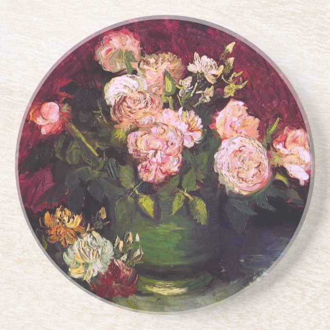 Bowl mit Peonies & Rose Van Gogh Fine Art Sandstein Untersetzer (Vorne)