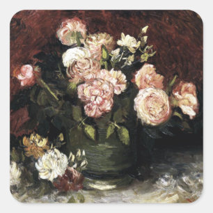 Bowl mit Peonys und Rose - Gogh Quadratischer Aufkleber