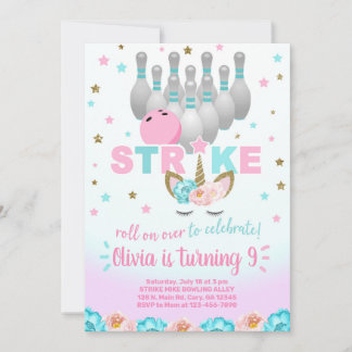 Bowling and unicorn girl birthday invite. einladung