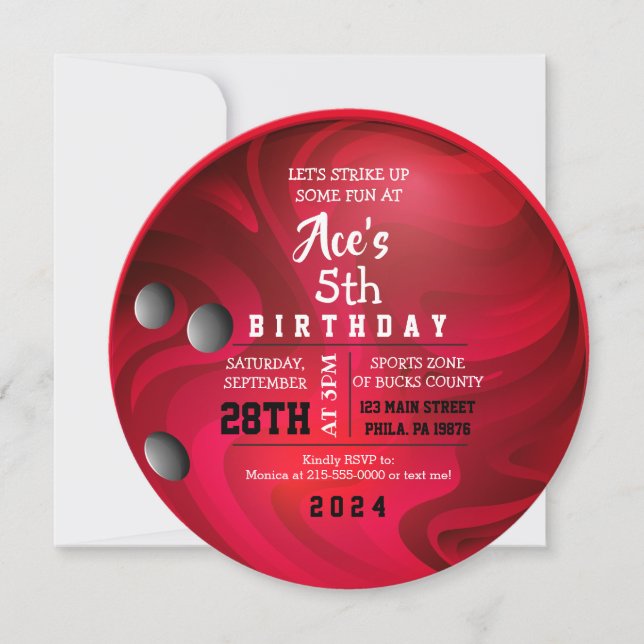 BOWLING BALL ROUND Rote Geburtstagsparty Einladung (Vorderseite)