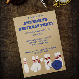 Bowling Ball und Buttone Bowling Birthday Party Einladung