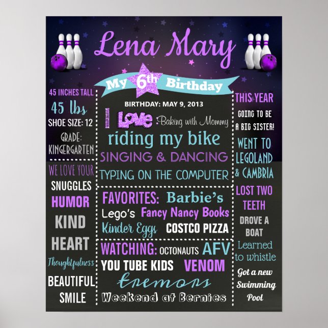 Bowling Birthday chalgs board sign girl Poster (Vorne)