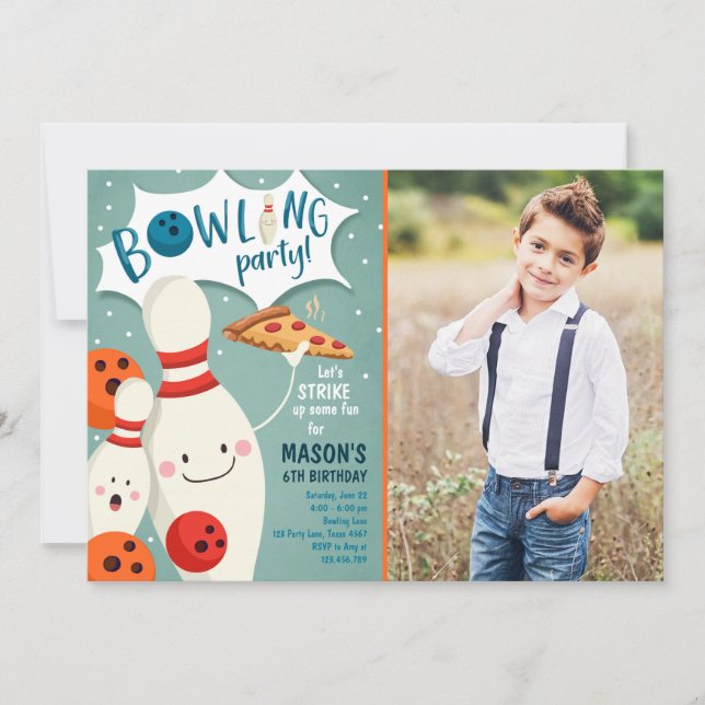 Bowling Birthday Einladung Boy Pizza aufschlagen (Vorderseite)