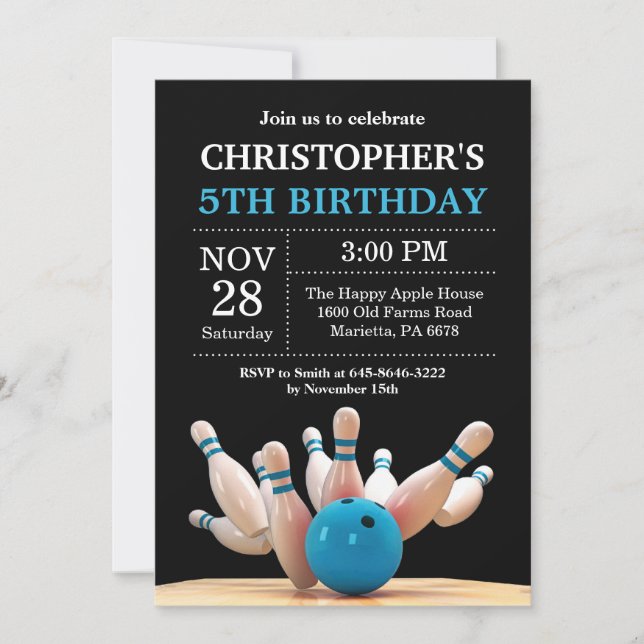 Bowling Birthday Invitation Birthday Party Blue Einladung (Vorderseite)