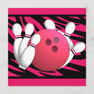 Bowling Birthday Neon Pink und Zebra Streifen Einladung