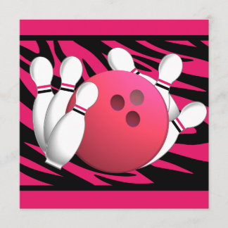 Bowling Birthday Neon Pink und Zebra Streifen Einladung