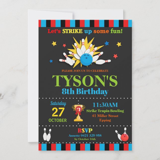 Bowling Birthday Party Einladungen Boys (Vorderseite)