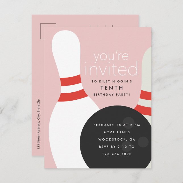 Bowling Birthday Party Einladungspostkarte (Vorne/Hinten)