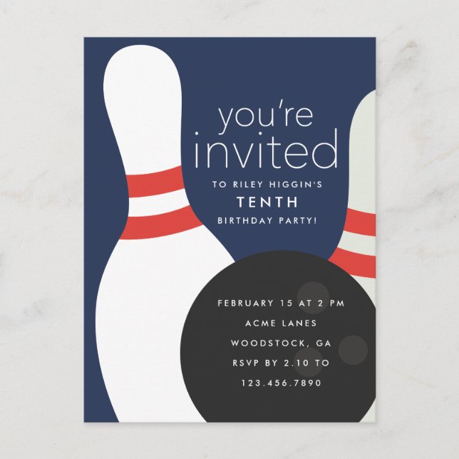 Bowling Birthday Party Einladungspostkarte (Vorderseite)