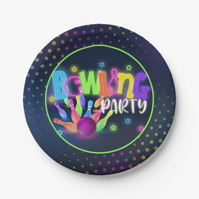 Bowling Birthday Party Paper Plate - Neon Pappteller (Vorderseite)