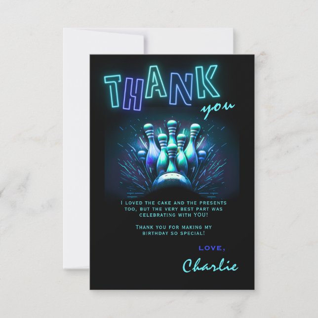 Bowling Birthday Thank You Card Boys Blue Neon Einladung (Vorderseite)