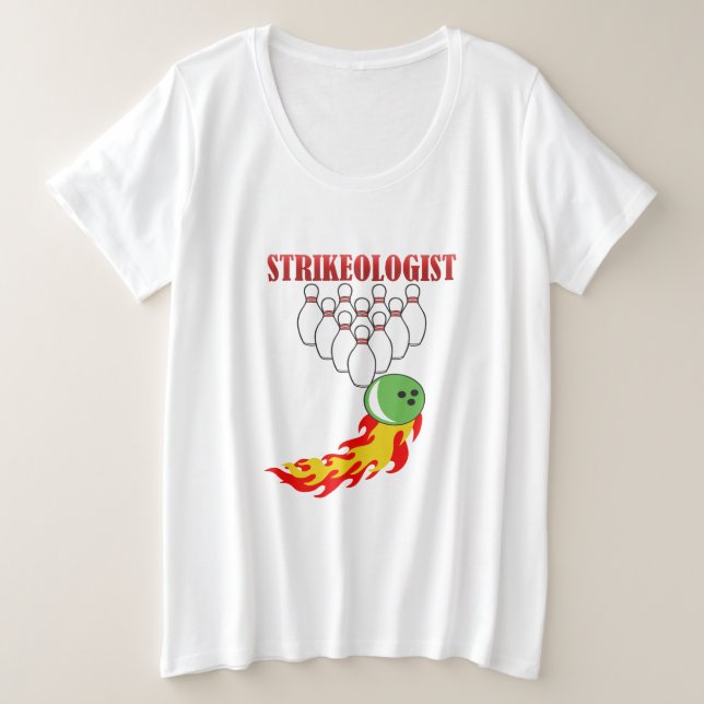 Bowling Buttone und Ball mit dem Wort STRIKEOLOGIS Große Größe T-Shirt (Design vorne)