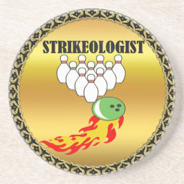 Bowling Buttone und Ball mit dem Wort STRIKEOLOGIS Sandstein Untersetzer