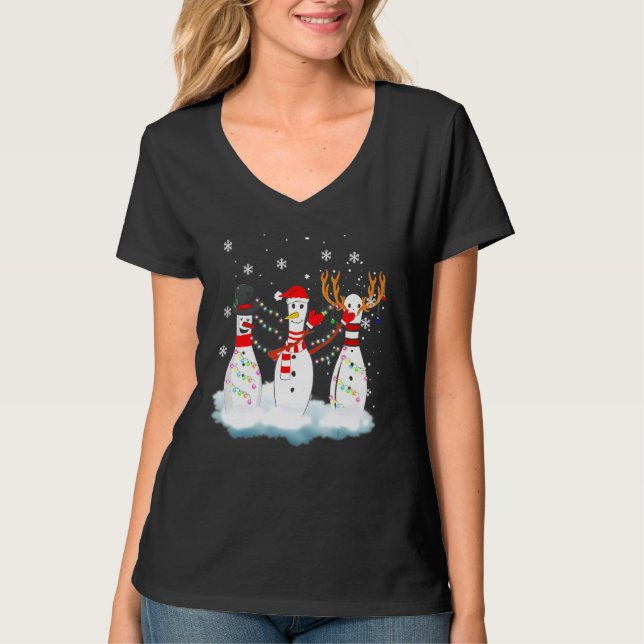 Bowling Christmas Pajama Lights Reindeer Santa Fun T-Shirt (Vorderseite)