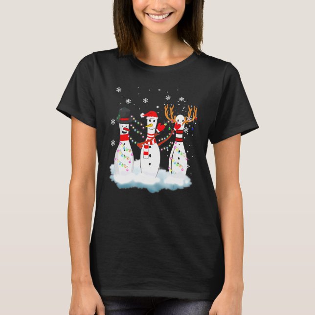 Bowling Christmas Pajama Lights Reindeer Santa Fun T-Shirt (Vorderseite)
