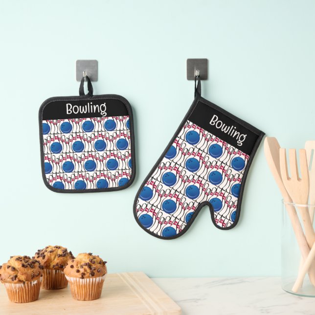 Bowling Design Oven Mitt und Pot Holder Ofenhandschuh & Topflappen-Set (Insitu (Hängend))