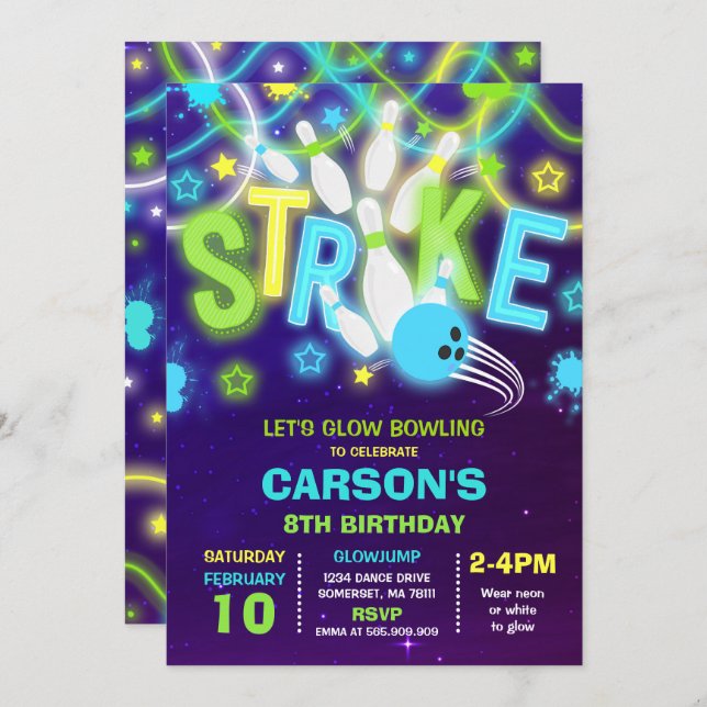 Bowling Einladung Glow Neon Bowling Geburtstag (Vorne/Hinten)