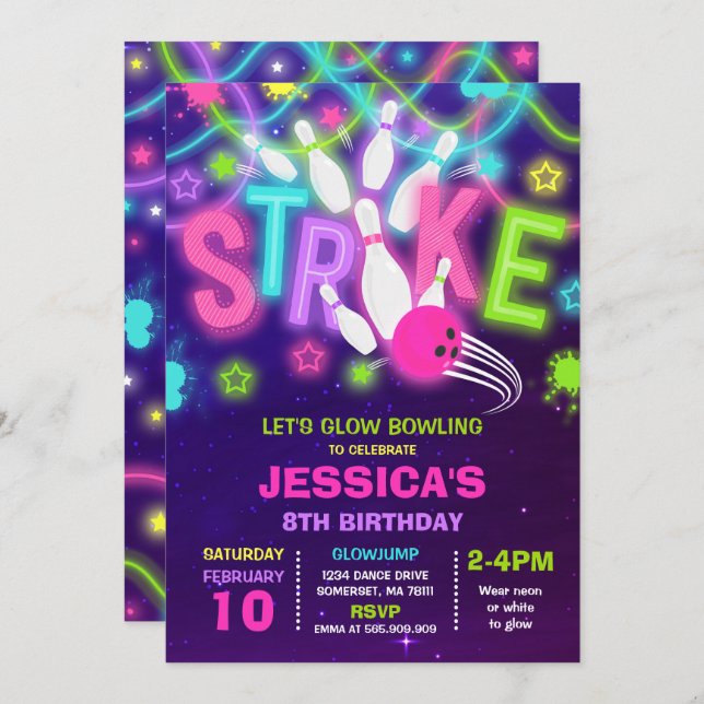Bowling Glow Neon Bowling Geburtstag Einladung (Vorne/Hinten)