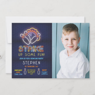 Bowling lädt zur Geburtstagsparty Neon Foto Strike Einladung